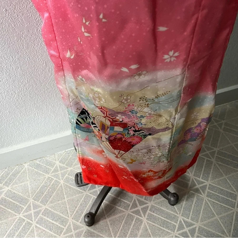 VINTAGE Girl's Pink Kimono Butterflies Flowers Ombre w/ Orange Tie - Picture 7 of 16
